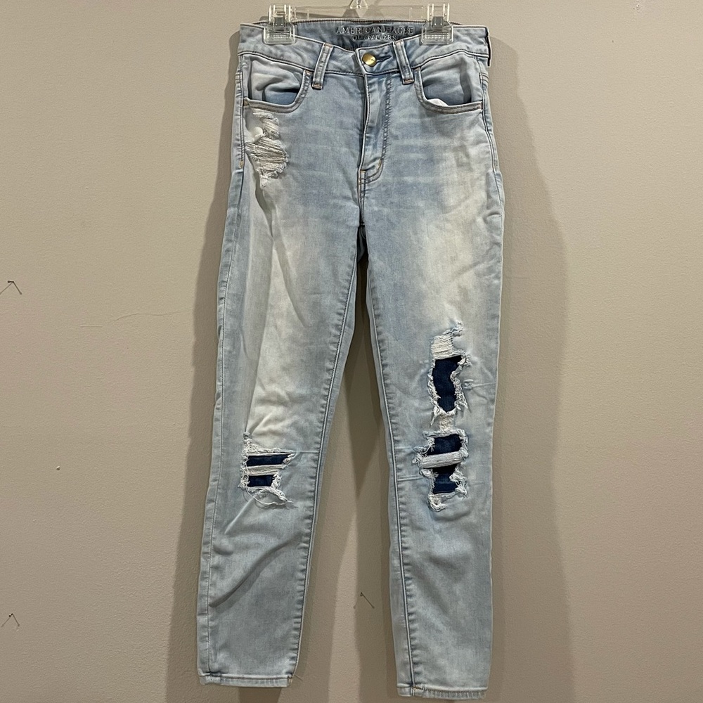 High Rise Distressed Patch Jeans